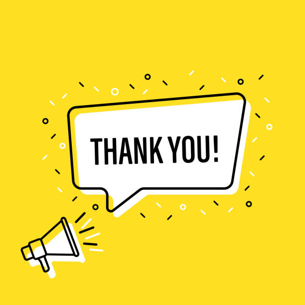 Male hand holding megaphone with thank you speech bubble. Loudspeaker. Banner for business, marketing and advertising. Vector illustration