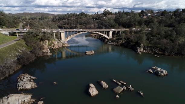 One of a series of Aerial Views of the Rainbow Bridge captured with a drone over the American River.