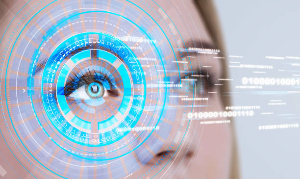 istock Woman eye in HUD, lines of code 1137982440