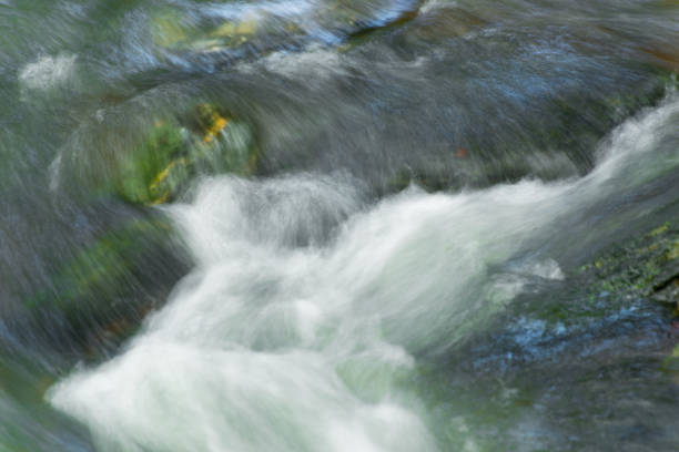Extra long exposure of a Cornish stream through rapids in a woodland.  Rocky Valley, Tintagel, Cornwall, UK. Taken with a tripod and 10 stop ND filter.