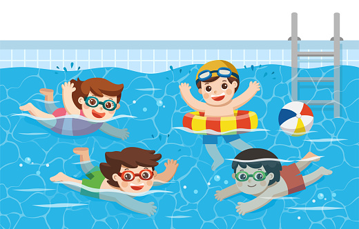 Vrolijke En Actieve Kinderen Zwemmen In Het Zwembad Sport Team Vector Illustratie Stockvectorkunst en meer beelden van Kind - iStock