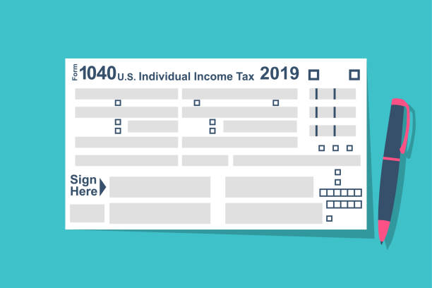 ilustrações, clipart, desenhos animados e ícones de formulários de devolução de imposto individuais com caneta - tax form tax form 1040 tax form