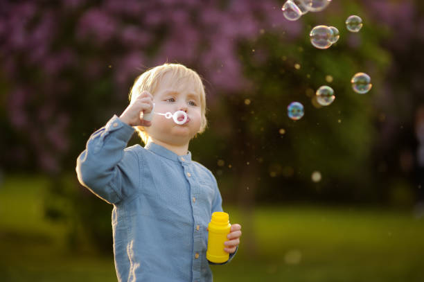 istock Cute little boy blowing soap bubbles in park 1137989964