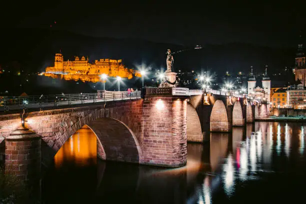 Panoramic view of the old town of Heidelberg reflecting in beautiful Neckar river at night, Baden-Wuerttemberg, Germany