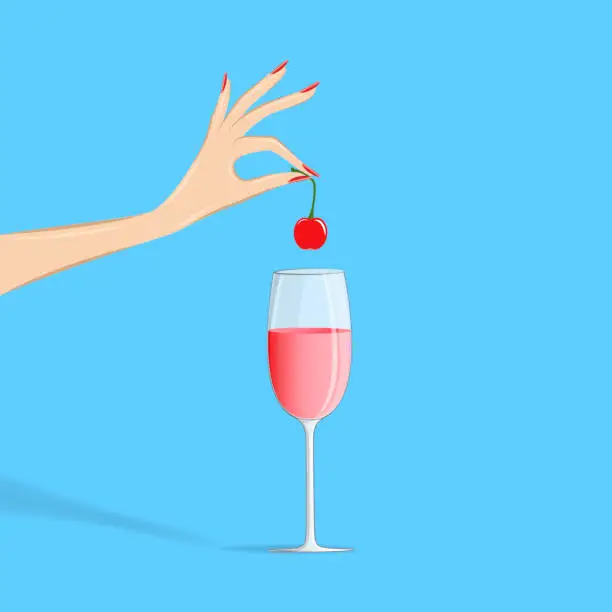 Vector illustration of womans hand puts a cherry in a cocktail, isolated on the blue background, square vector illustration