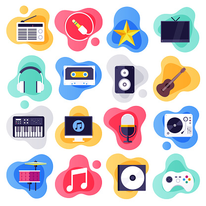 On-demand services and music industry liquid flat flow style concept symbols. Flat design vector icons set for infographics, mobile and web designs.