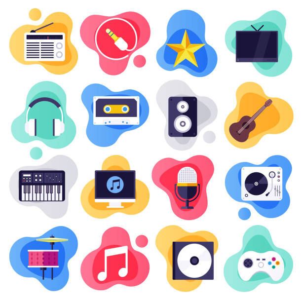 On-demand Services & Music Industry Flat Liquid Style Vector Icon Set On-demand services and music industry liquid flat flow style concept symbols. Flat design vector icons set for infographics, mobile and web designs. multimedia stock illustrations