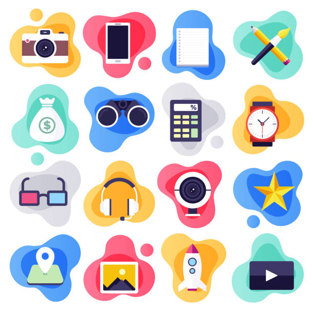 Digital Content Creation & Distribution Flat Liquid Style Vector Icon Set Digital content creation and distribution liquid flat flow style concept symbols. Flat design vector icons set for infographics, mobile and web designs. technology creation stock illustrations