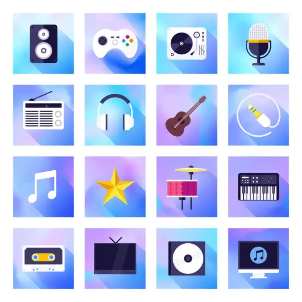 Vector illustration of Control, Curation & Musical Experience Holographic Gradient Style Vector Flat Icon Set