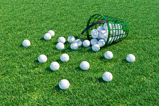 Golf balls scattered of field near basket. 3d render