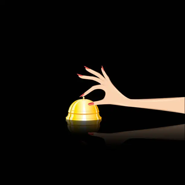 Vector illustration of womans hand rings the table bell at the reception, isolated on a black background, square vector illustration