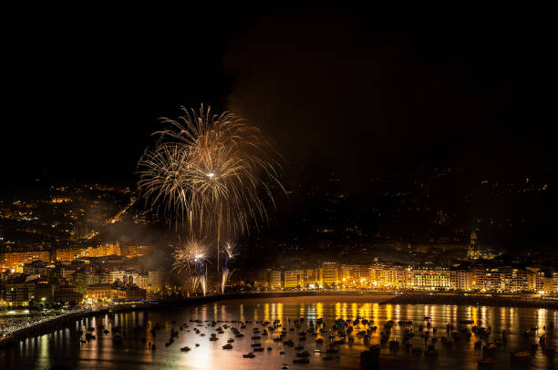 Fireworks over La Concha bay in Donostia celebrating Aste Nagusia