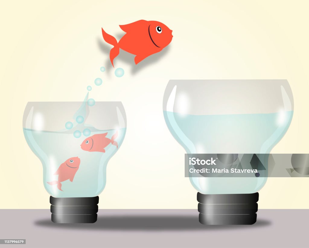 Fish jumping out light bulb.Vector Beginnings stock vector