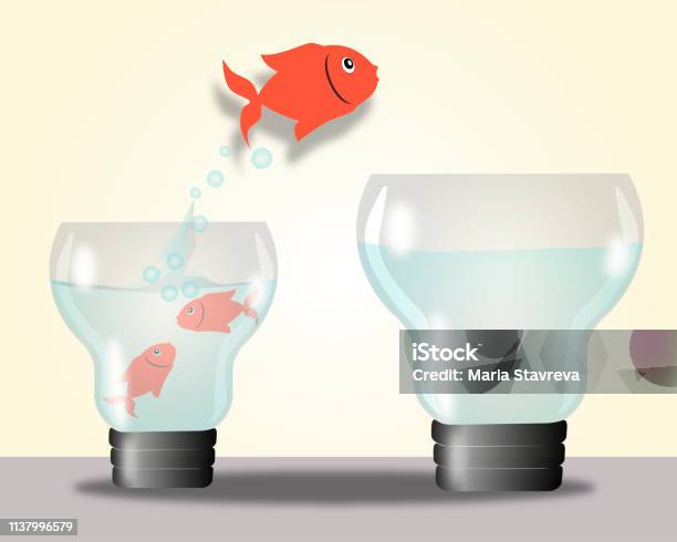 Fish Jumping Out Light Bulbvector Stock Illustration - Download Image Now - Beginnings, Business, Challenge