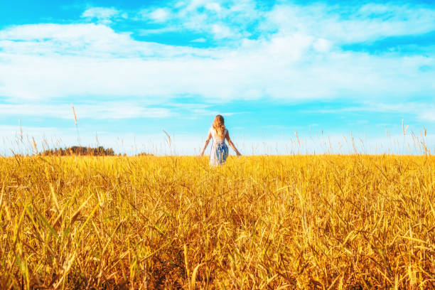 istock Young woman on a wheat field with sunlight 1137999309