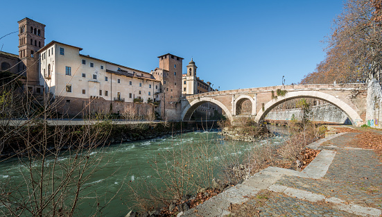 Tiber Island and Fabricio's Bridge as seen from the riverside, Rome