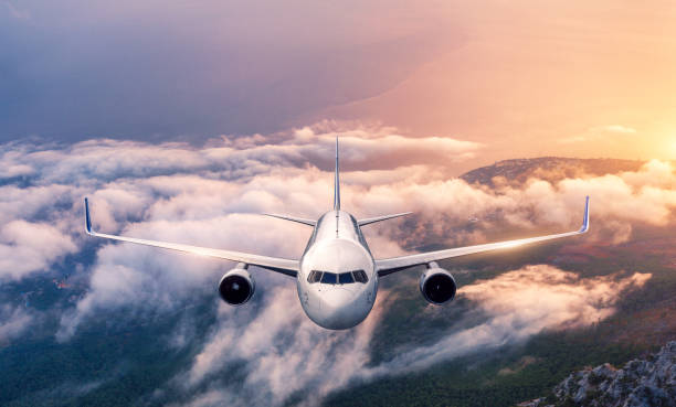 istock Airplane is flying over clouds at sunset in summer. Landscape with passenger  airplane, low clouds, sea, purple sky at dusk. Front view of the aircraft. Business travel. Commercial plane. Aerial view 1137999627
