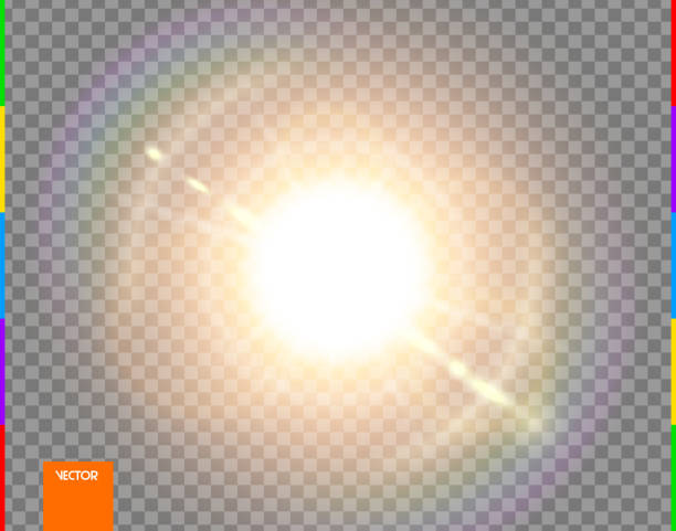 vector sonne. glow transparentes sonnenlicht spezielle linse flare licht-effekt. isolierte blitzstrahlen und scheinwerfer. goldene front durchsichtiger hintergrund. abstraktes deko-element. stern platzt mit funken - sun stock-grafiken, -clipart, -cartoons und -symbole