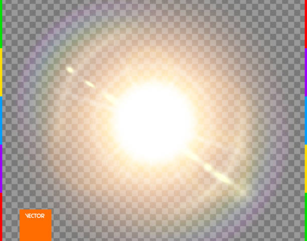 ilustraciones, imágenes clip art, dibujos animados e iconos de stock de sol vectorial. resplandor luz solar transparente efecto de destello de lente especial. rayos flash aislados y focos. fondo translúcido delantero dorado. desenfoque elemento de decoración abstracta. estallido de estrella con chispa - fruncir el ceño