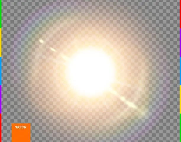 Vector illustration of Vector sun. Glow transparent sunlight special lens flare light effect. Isolated flash rays and spotlight. Golden front translucent background. Blur abstract decor element. Star burst with spark