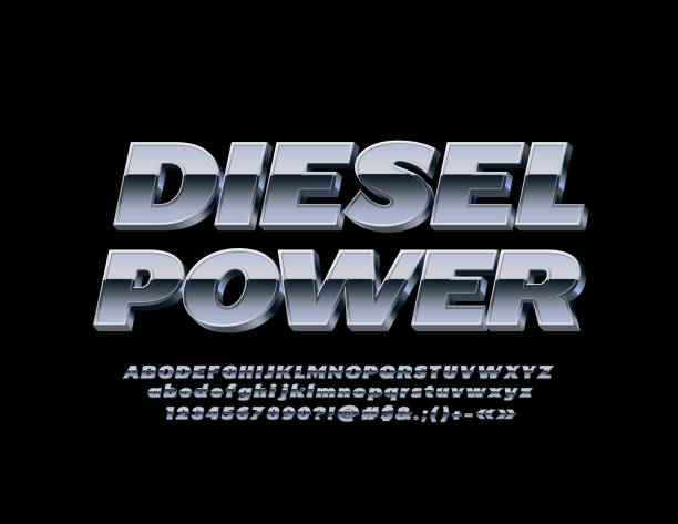 illustrazioni stock, clip art, cartoni animati e icone di tendenza di banner vettoriale metallico diesel power con font 3d. set alfabeto argento - fonte di elettricità