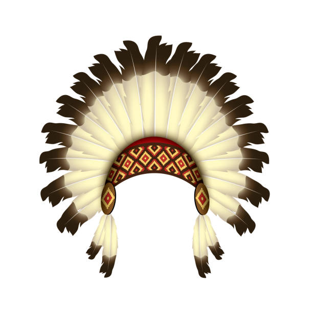 ilustraciones, imágenes clip art, dibujos animados e iconos de stock de diadema nativa americana con plumas-ilustración vectorial aislada sobre fondo blanco-tocado indio - headdress