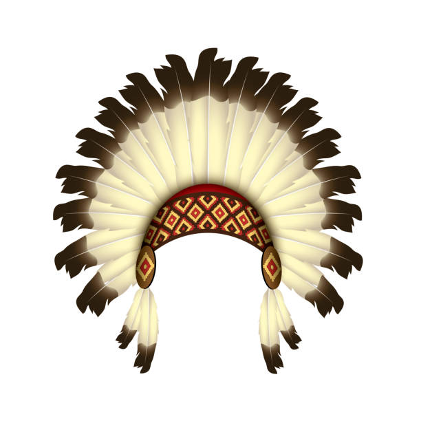 оголовье коренных американцев с перьями - изолированная векторная иллюстрация на белом фоне - индийский головной убор - headdress stock illustrations