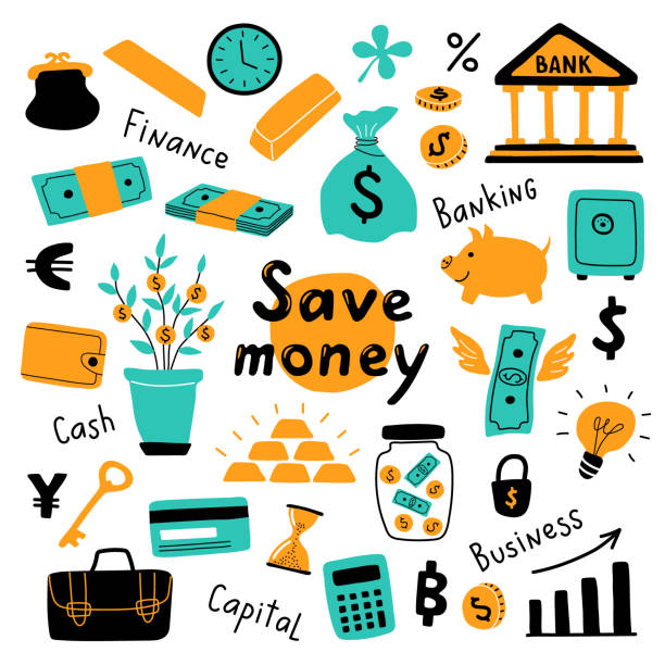 Money set, business symbols and financial elements. Funny doodle hand drawn vector illustration. Cute cartoon banking collection, isolated on white. Save money title. Money set, business symbols and financial elements. Funny doodle hand drawn vector illustration. Cute cartoon banking collection, isolated on white. Save money title. currency illustrations stock illustrations