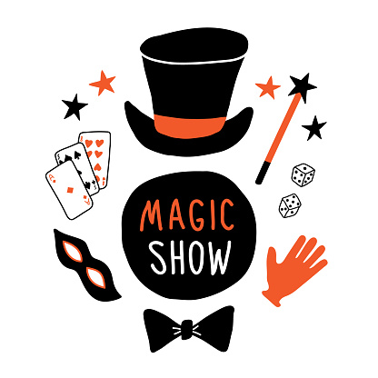 Magic show banner. Magician equipment, top hat, mask, cards, glove, magic wand, bowtie, illusionist performance. Funny doodle hand drawn vector illustration. Isolated on white.