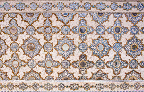 Ceiling texture in Sheesh Mahal palace (Hall of Mirrors), also called Jai Mandir, in Amber Fort, Rajasthan state, India