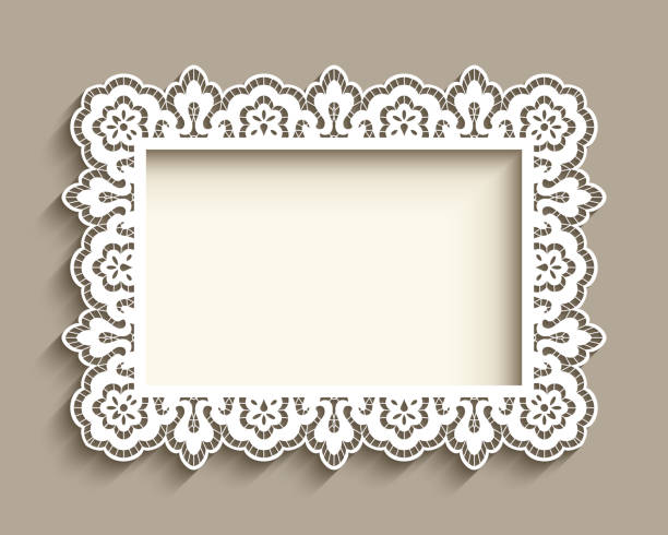 Rectangle frame with lace border Rectangle frame with ornamental lace border, cutout paper decoration, wedding invitation or greeting card template scallop stock illustrations