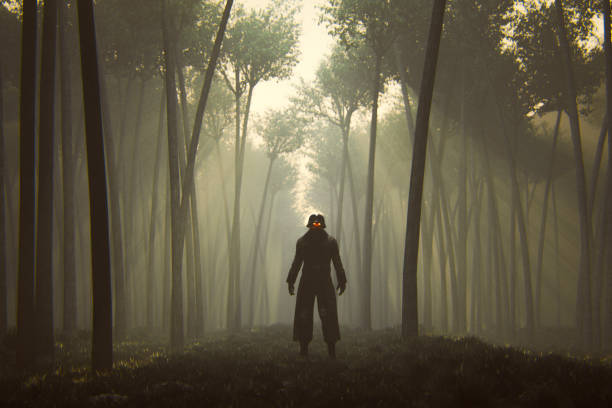 Spooky apocalypse warrior in the forest at night
