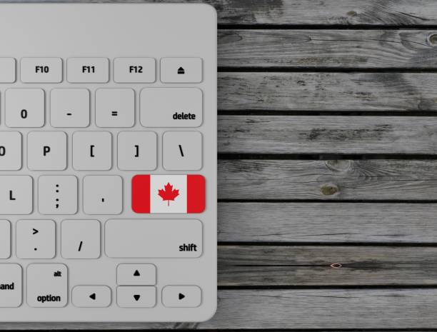 drapeau du canada entrer clé sur le clavier blanc, sur fond de bois. rendu 3d - politics internet computer key render photos et images de collection