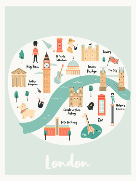 illustrierte karte von london mit wahrzeichen, zeichen und symbolen. vector design - london england illustrations stock-grafiken, -clipart, -cartoons und -symbole
