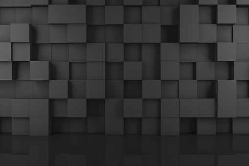 3d rendering of abstract black color cubes on wall. Minimal architecture.