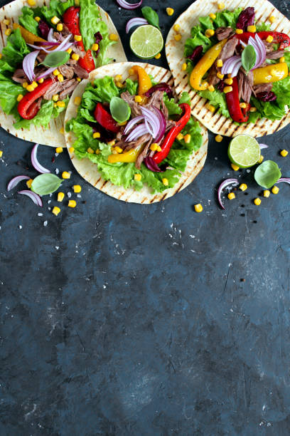 istock Tortillas flat various vegetables and beef for tacos or burrito on stone background. 1138009987