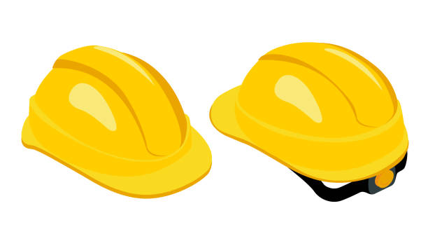 Work safety helmet isometric Isometric work safety helmet. Yellow hard hat. Rear and front view. Skullgard helmet isolated on white background. Protective work equipment. Vector illustration. hard hat stock illustrations