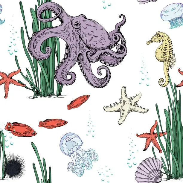 Vector illustration of Seamless pattern with underwater creatures, octopus, starfish, seahorse, sea urchin, jellyfish, shell and seaweed.