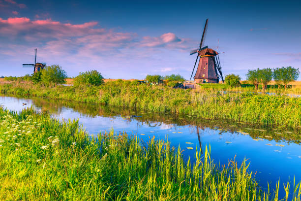 istock Rustic wooden windmills at sunset in Kinderdijk museum, Netherlands, Europe 1138012896