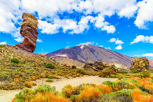 View of  Roques de Garcia formation and Teide mountain volcano in Teide National Park, Tenerife, Canary Islands, Spain.