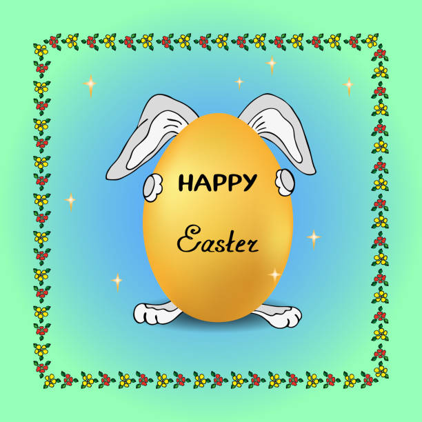 illustrazioni stock, clip art, cartoni animati e icone di tendenza di divertente coniglio sullo sfondo delle stelle tiene l'uovo festivo in vacanza, cornice per decorare i biglietti d'auguri in onore della resurrezione - easter egg isolated remote frame