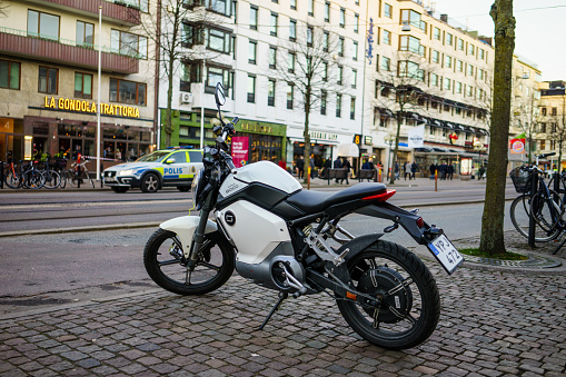 Gothenburg, Sweden - March 19, 2019: Electric Motorcycle Super SOCO parked in Avenyn Goteborg