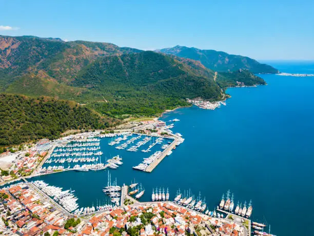 Marmaris marina aerial panoramic view in Marmaris city in Turkey