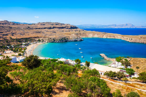 istock Lindos beach in Rhodes island 1138014193