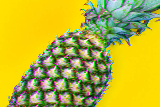 istock Pineapple on yellow background. Summer concept. Flat lay, top view. Digital signal  glitch effect (rgb shift, slices). Screen error 1138015511
