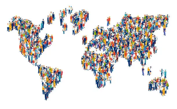 Vector illustration of Vector of crowd of multicultural people composing a world map