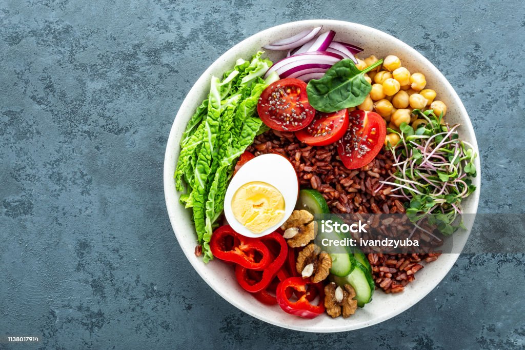 Healthy salad Buddha bowl dish of brown rice, pepper, tomato, cucumber, chickpea, chia, sprouts, savoy and nuts. Healthy eating trend, superfood. Top view High Angle View Stock Photo Healthy salad Buddha bowl dish of brown rice, pepper, tomato, cucumber, chickpea, chia, sprouts, savoy and nuts. Healthy eating trend, superfood. Top view High Angle View Stock Photo