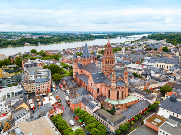 Mainz cathedral aerial view, Germany Mainz Cathedral aerial panoramic view, located at the market square of Mainz city in Germany mainz stock pictures, royalty-free photos & images