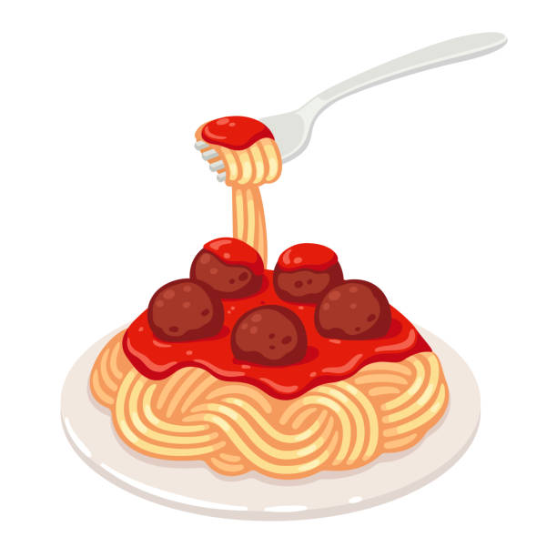 Spaghetti with meatballs Spaghetti with tomato sauce and meatballs. Classic pasta dish vector clip art illustration. spaghetti stock illustrations