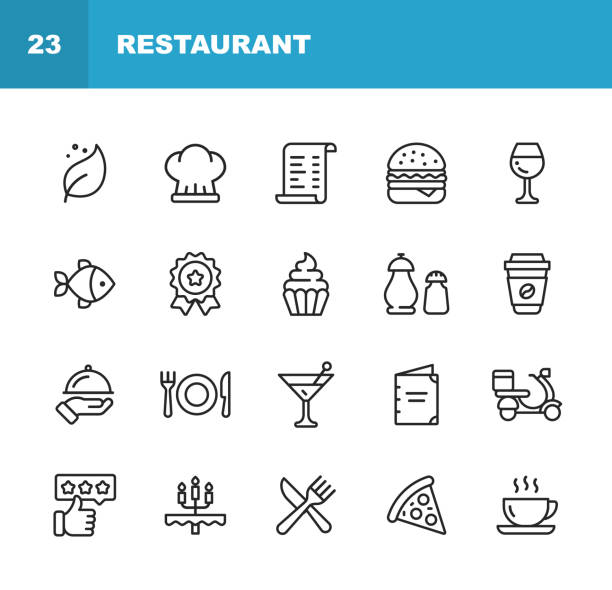 ilustrações de stock, clip art, desenhos animados e ícones de restaurant line icons. editable stroke. pixel perfect. for mobile and web. contains such icons as vegan, cooking, food, drinks, fast food, eating.
. - foods and drinks equipment household equipment kitchen utensil